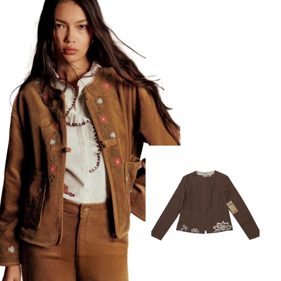 Ruff Hewn Jackets & Blazers - NWT Y2K RUFF HEWN Linen & Cotton Blend Embroidered Collarless Jacket